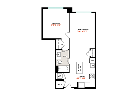 Floor plan for 1 bed, 1 bath, 729 sqft